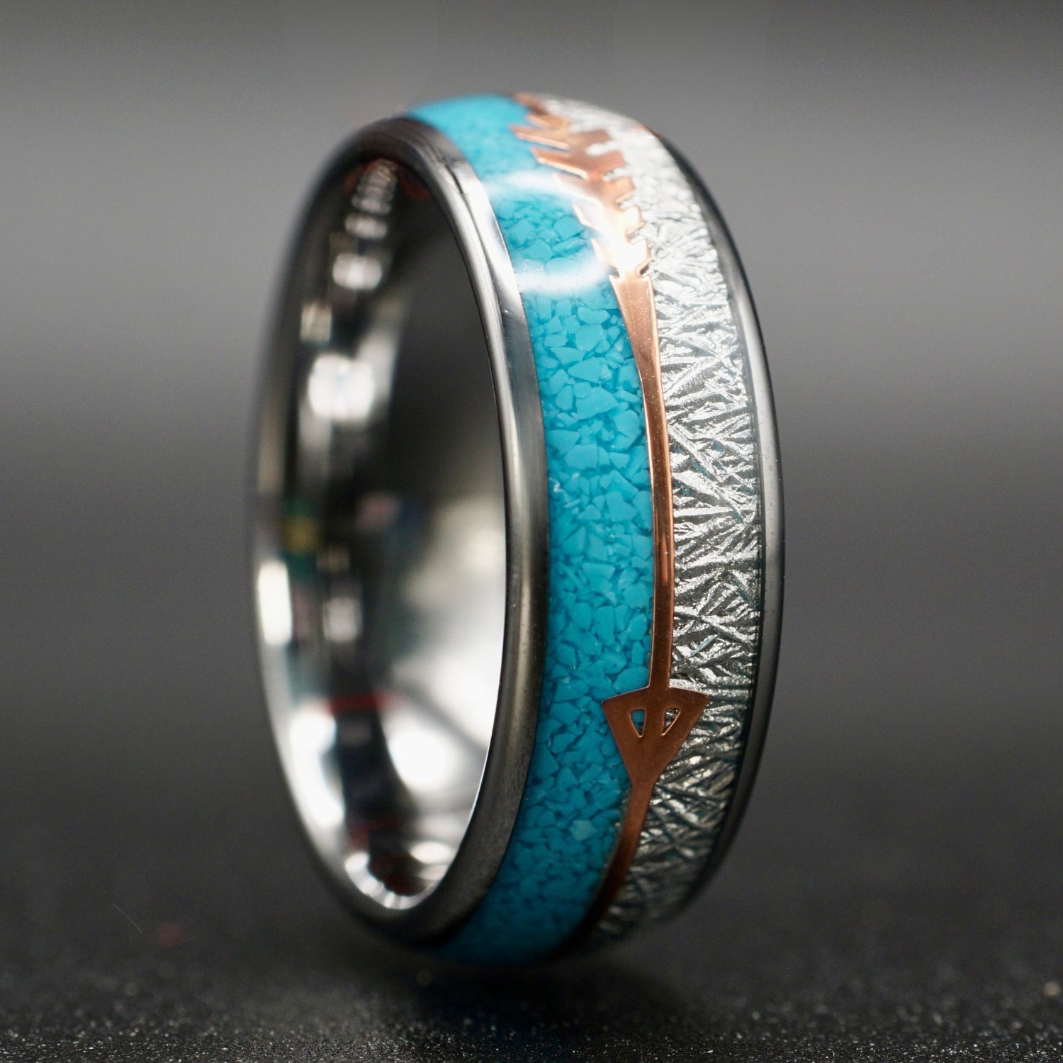 Silberner Wolframring mit Türkis und Roségold-Akzent 8 mm