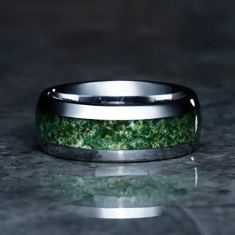 Silver-colored tungsten ring with moss agate inlay 8 mm