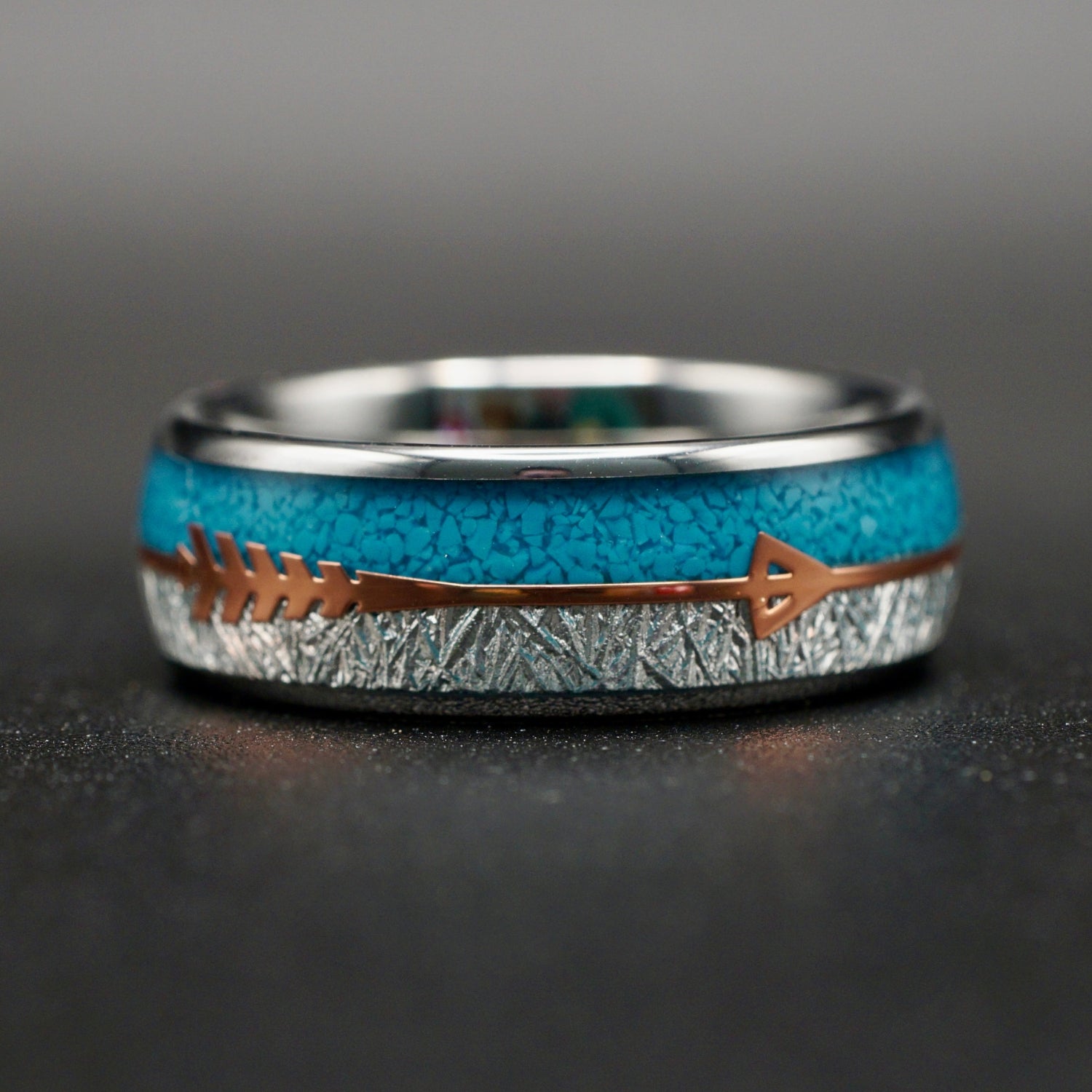 Silberner Wolframring mit Türkis und Roségold-Akzent 8 mm