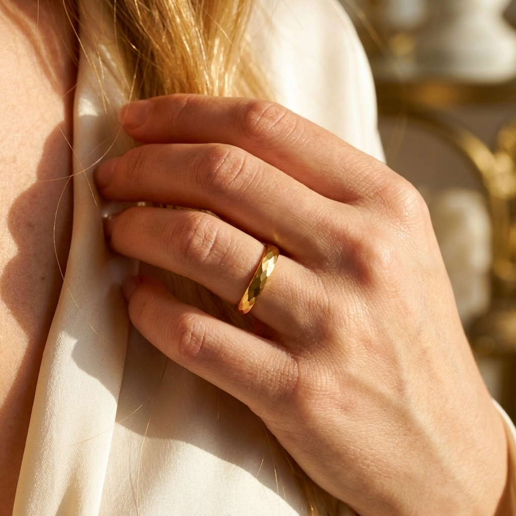 Goldener gehämmerter Wolframring mit Gelbgold 4 mm