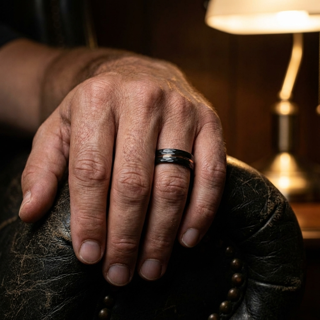 Hammerglanz - Schwarzer gehämmerter Ring mit Roségold 8mm