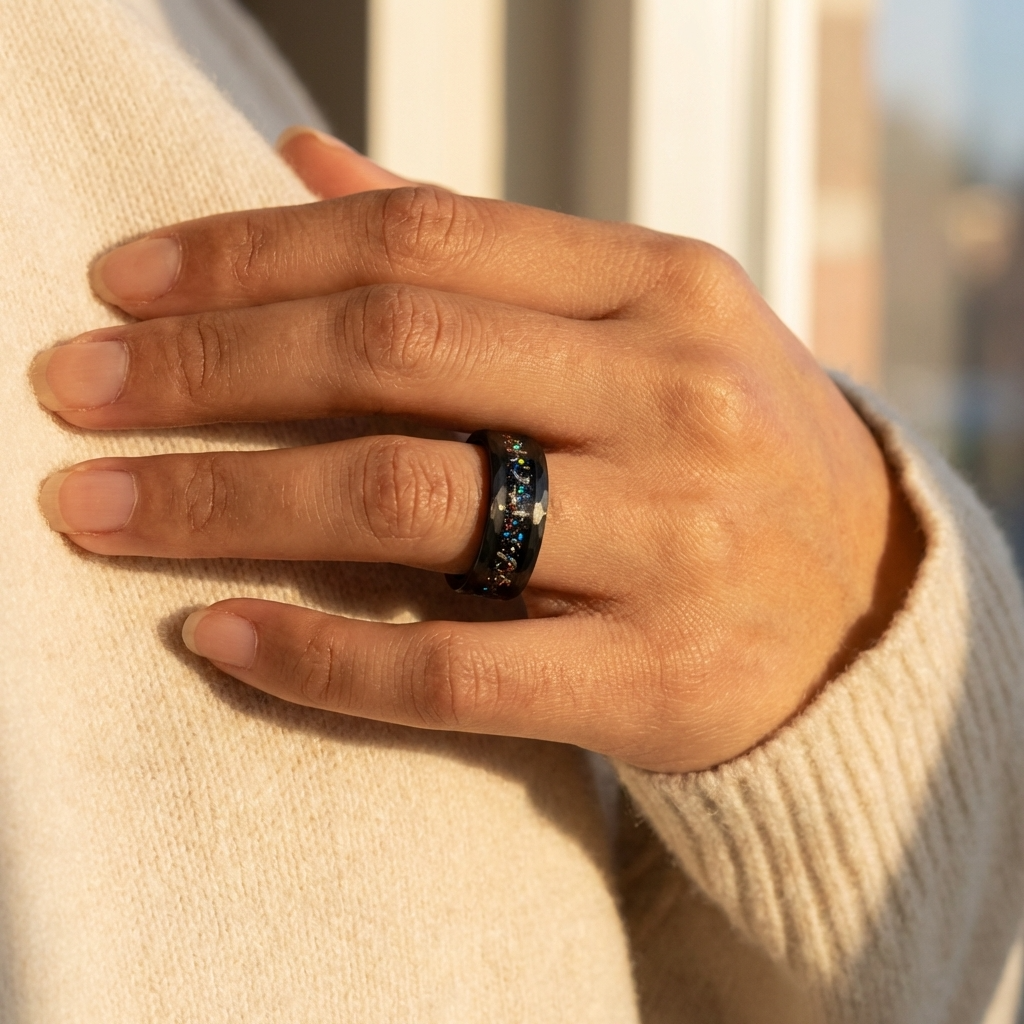 Schwarzer Meteoritenring mit Galaxie-Opal – 8 mm