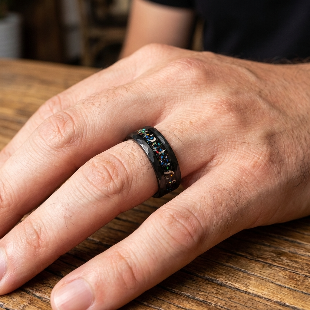 Schwarzer Meteoritenring mit Galaxie-Opal – 8 mm