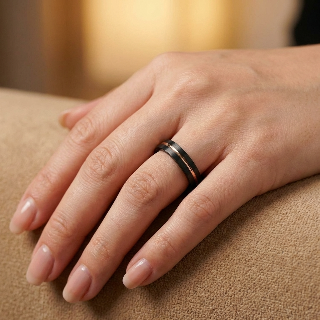 Nachtschimmer – Schwarzer Damenring mit Roségold 4mm