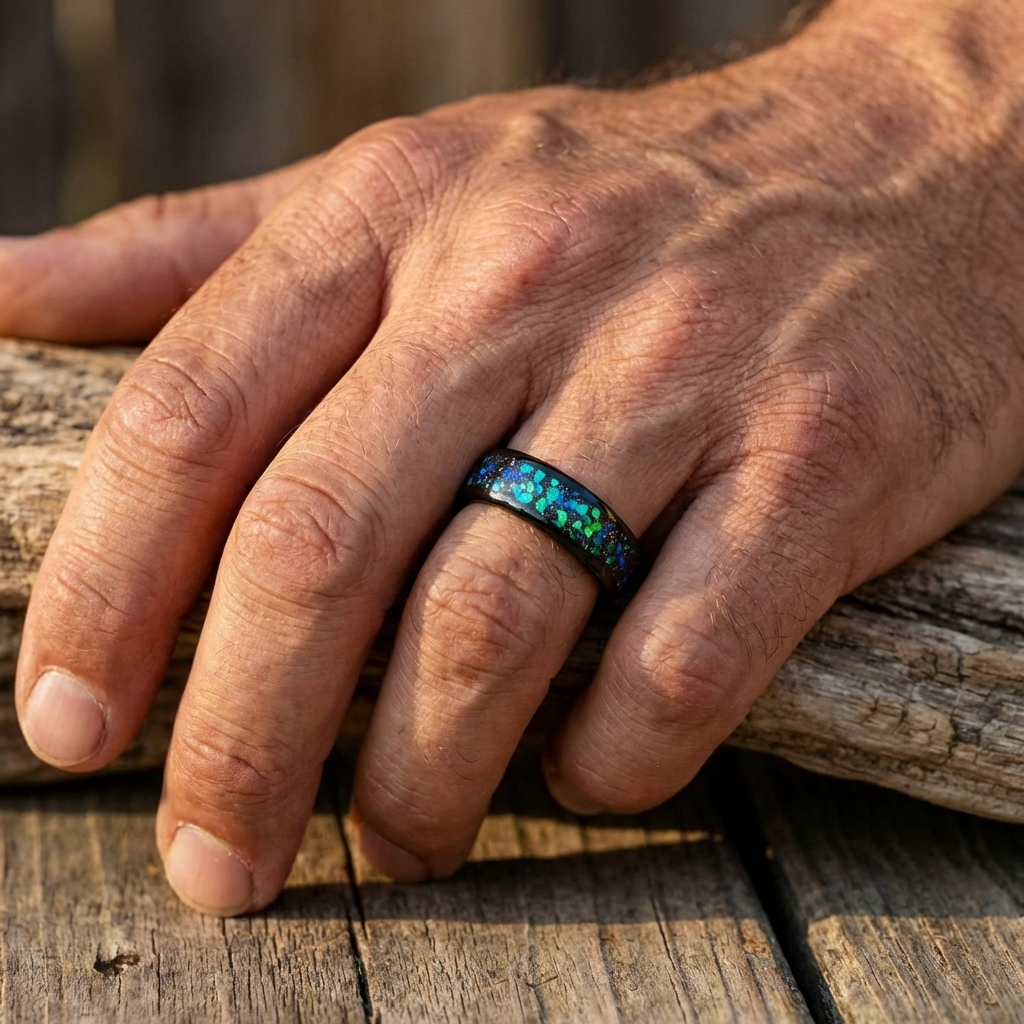 Wolframring mit blau-grünem Opal – 6 mm