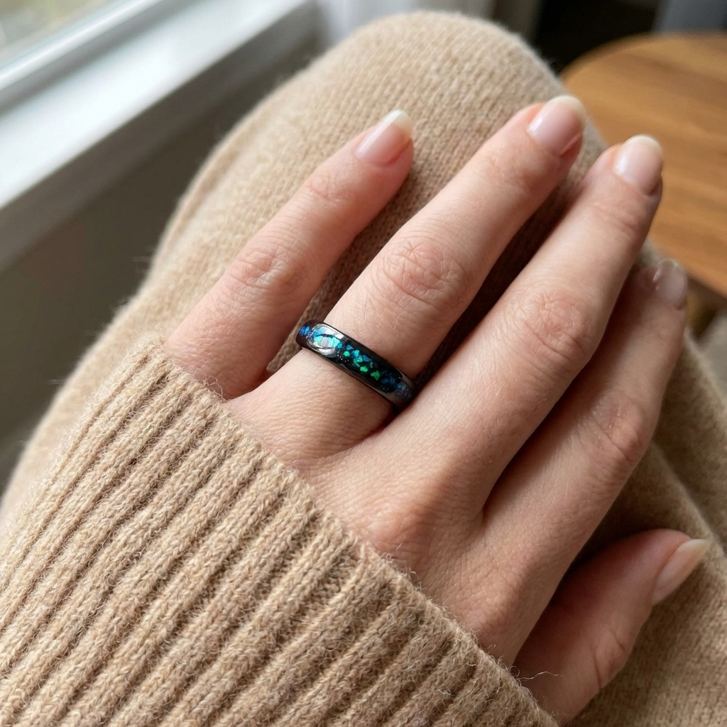 Wolframring mit blau-grünem Opal – 4 mm