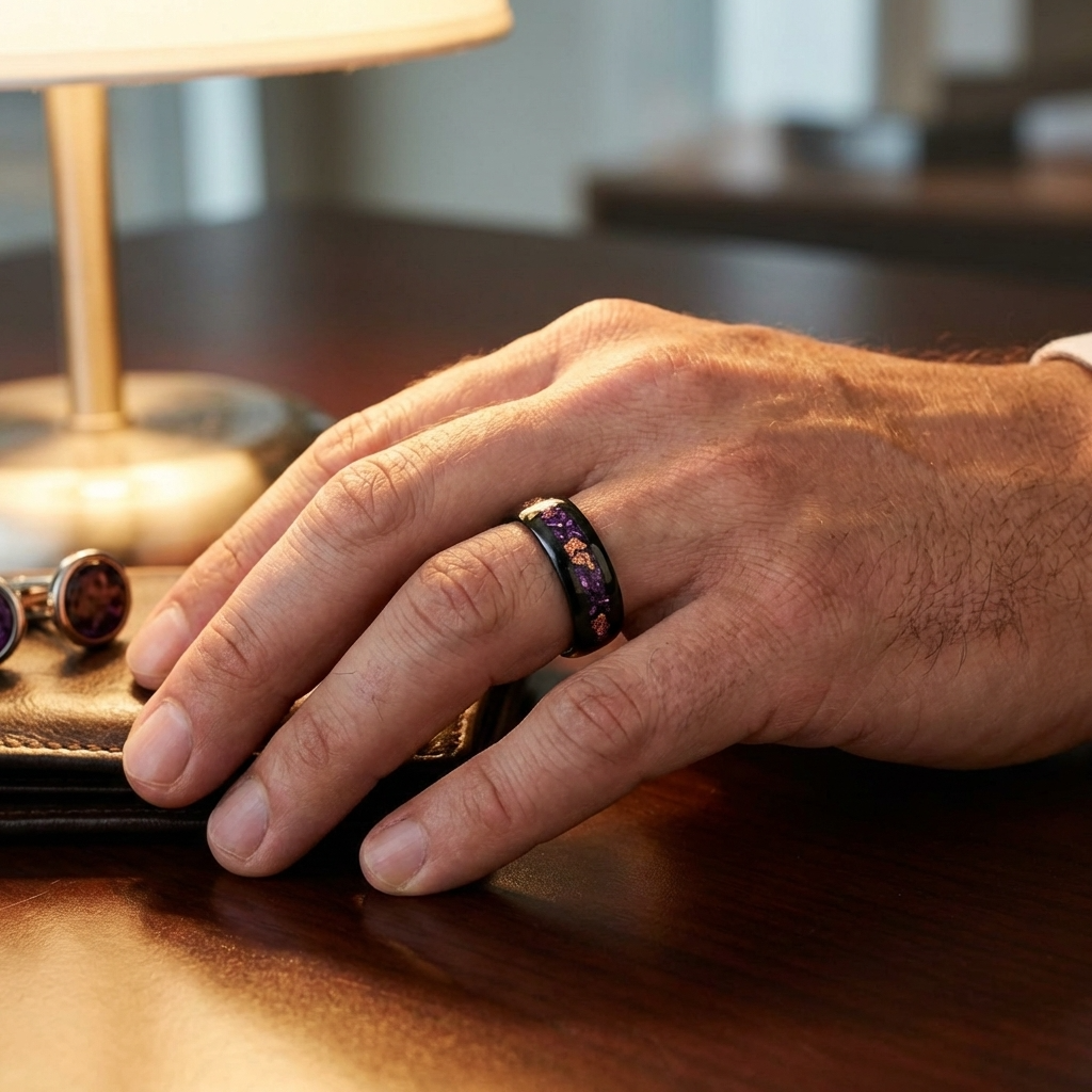 Wolframring mit lila Opal und Blattgold – 8 mm