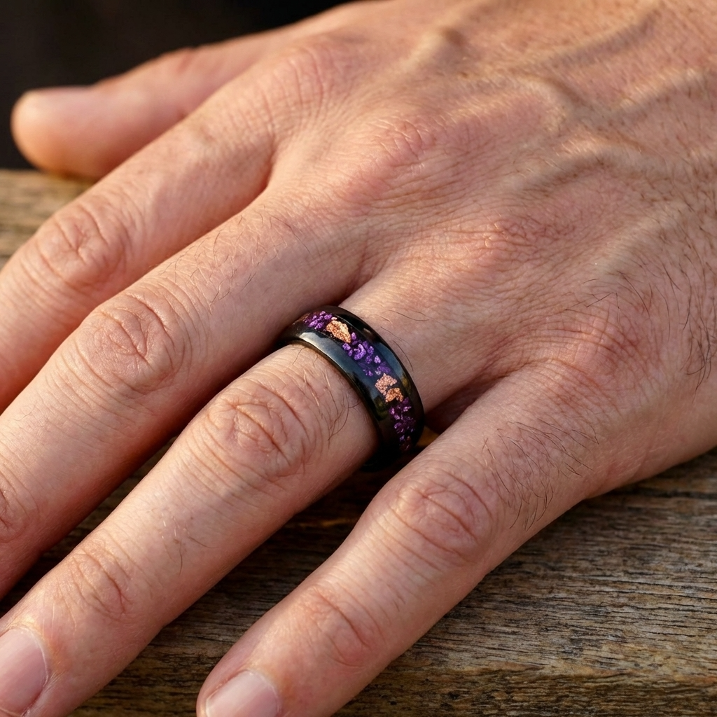 Wolframring mit lila Opal und Blattgold – 8 mm