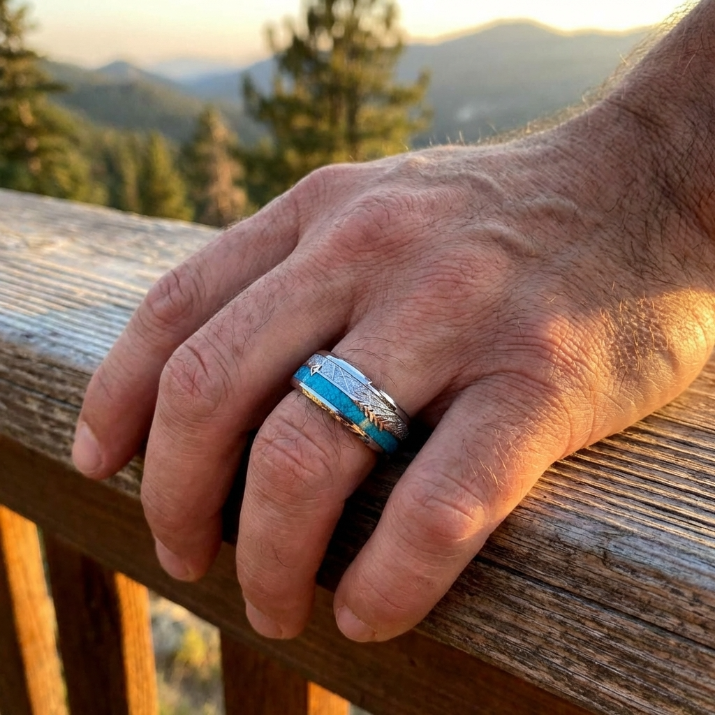 Silberner Wolframring mit Türkis und Roségold-Akzent 8 mm