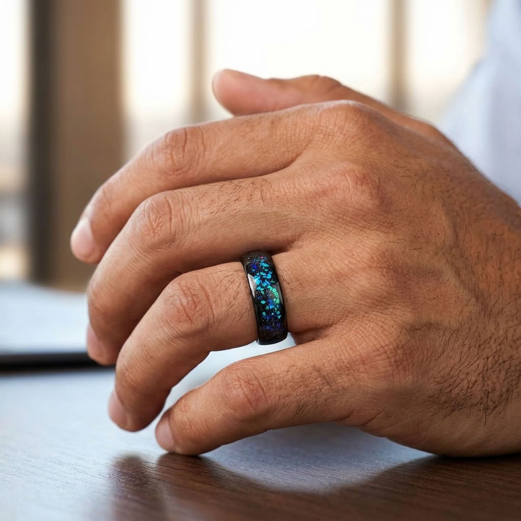 Wolframring mit blau-grünem Opal – 8 mm