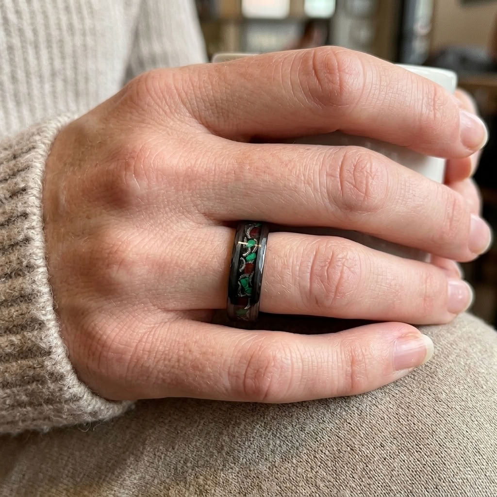 Schwarzer Wolframring mit Meteorit, Malachit & Katzenauge – 6 mm