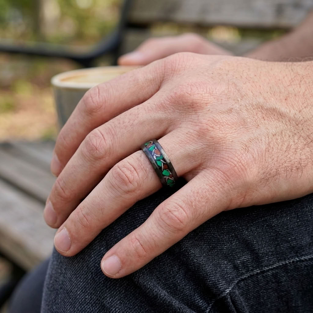 Schwarzer Wolframring mit Meteorit, Malachit & Katzenauge – 8 mm