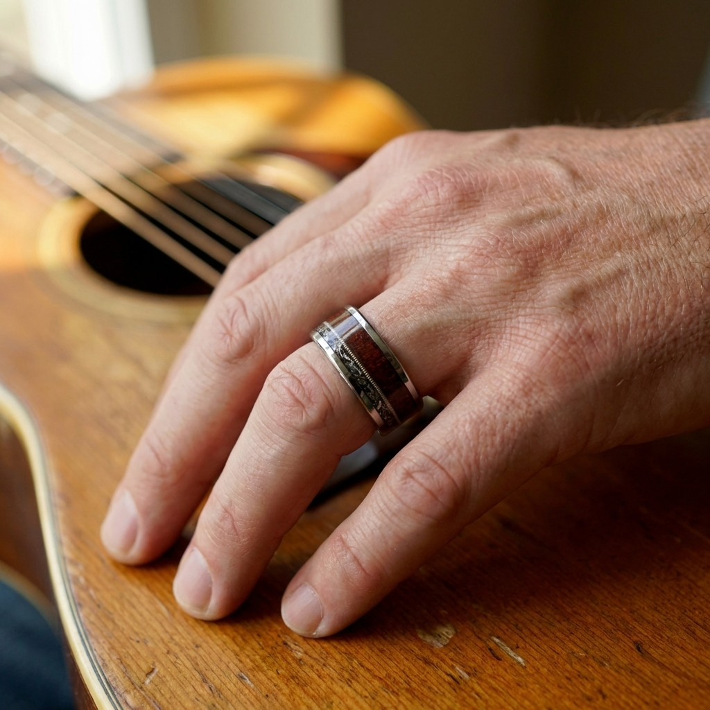 Silbernes Wolframring mit Gitarrensaite- und Holzintarsie