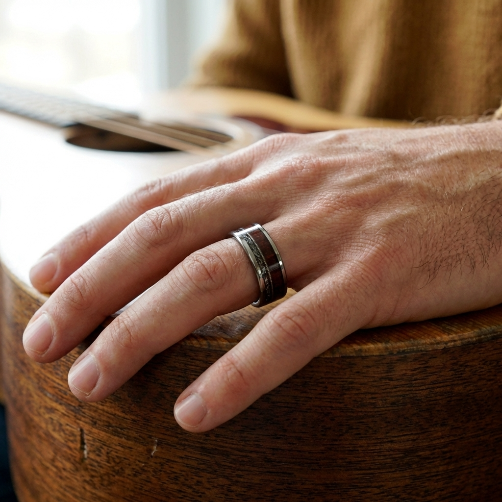 Silbernes Wolframring mit Gitarrensaite- und Holzintarsie, 8 mm