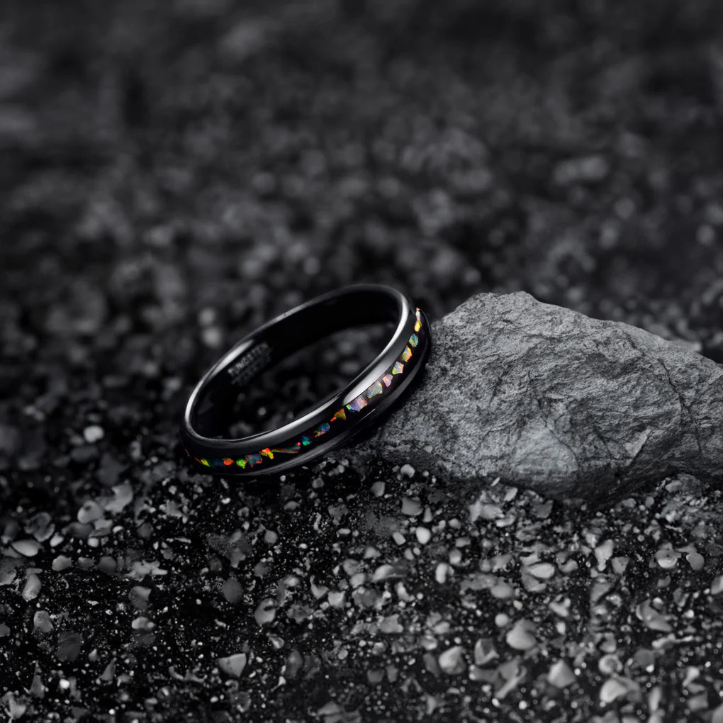 Schwarzer Galaxy-Opal Ring – 4 mm, Verlobungsring, Eheringe, Trauringe, Ring