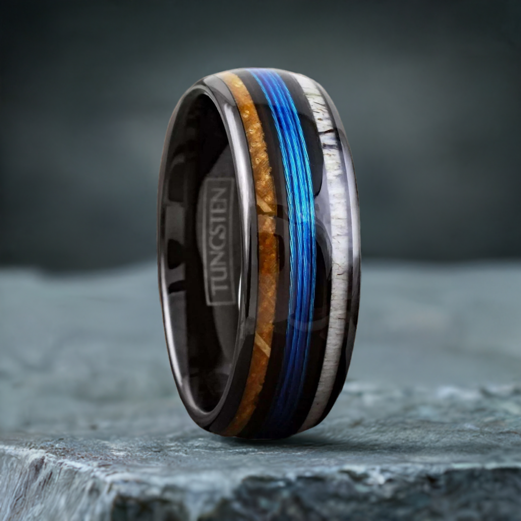 Schwarzer Ring mit Hirschhorn & Whiskeyfass-Holz – 8 mm, Verlobungsring, Eheringe, Trauringe, Ring