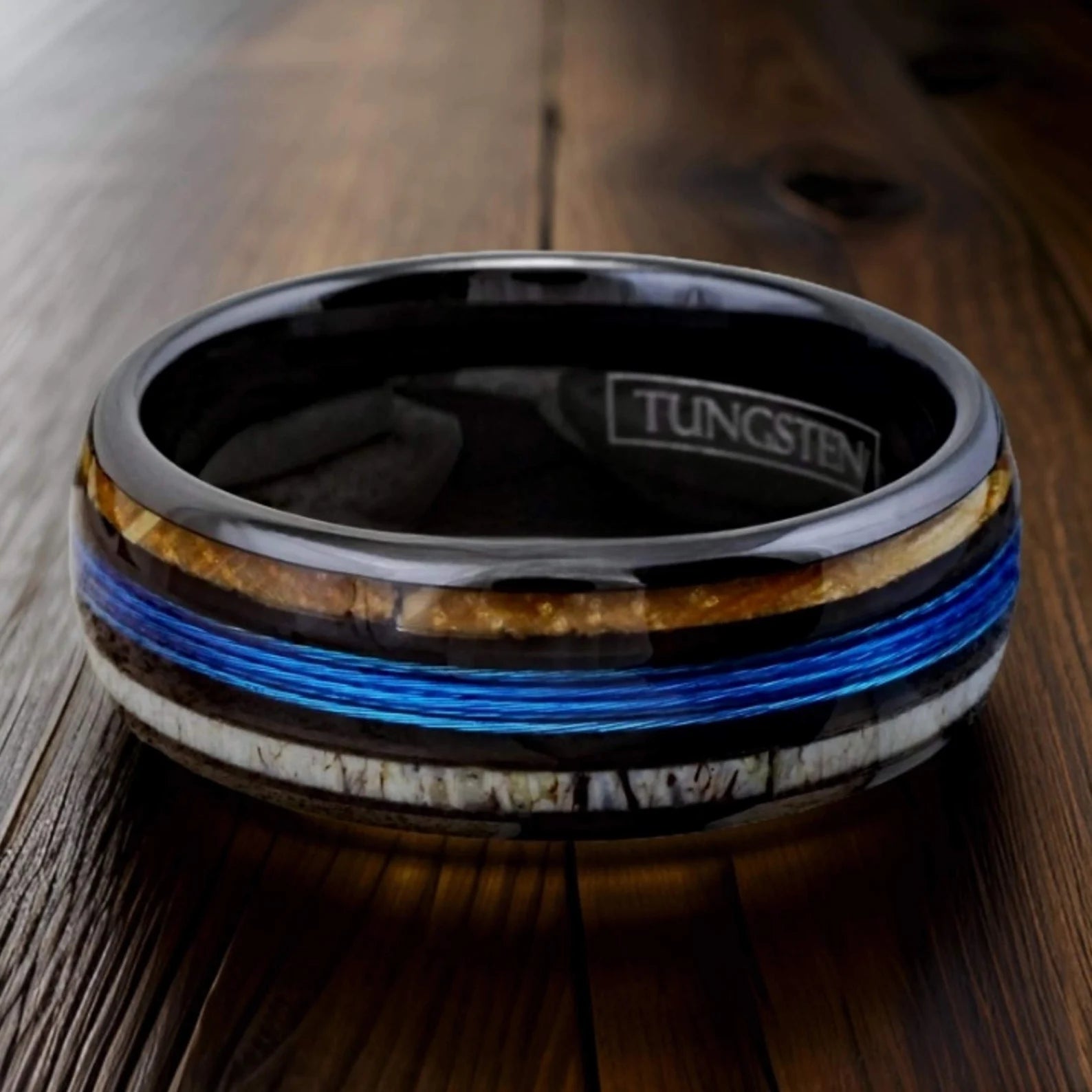 Schwarzer Ring mit Hirschhorn & Whiskeyfass-Holz – 8 mm, Verlobungsring, Eheringe, Trauringe, Ring
