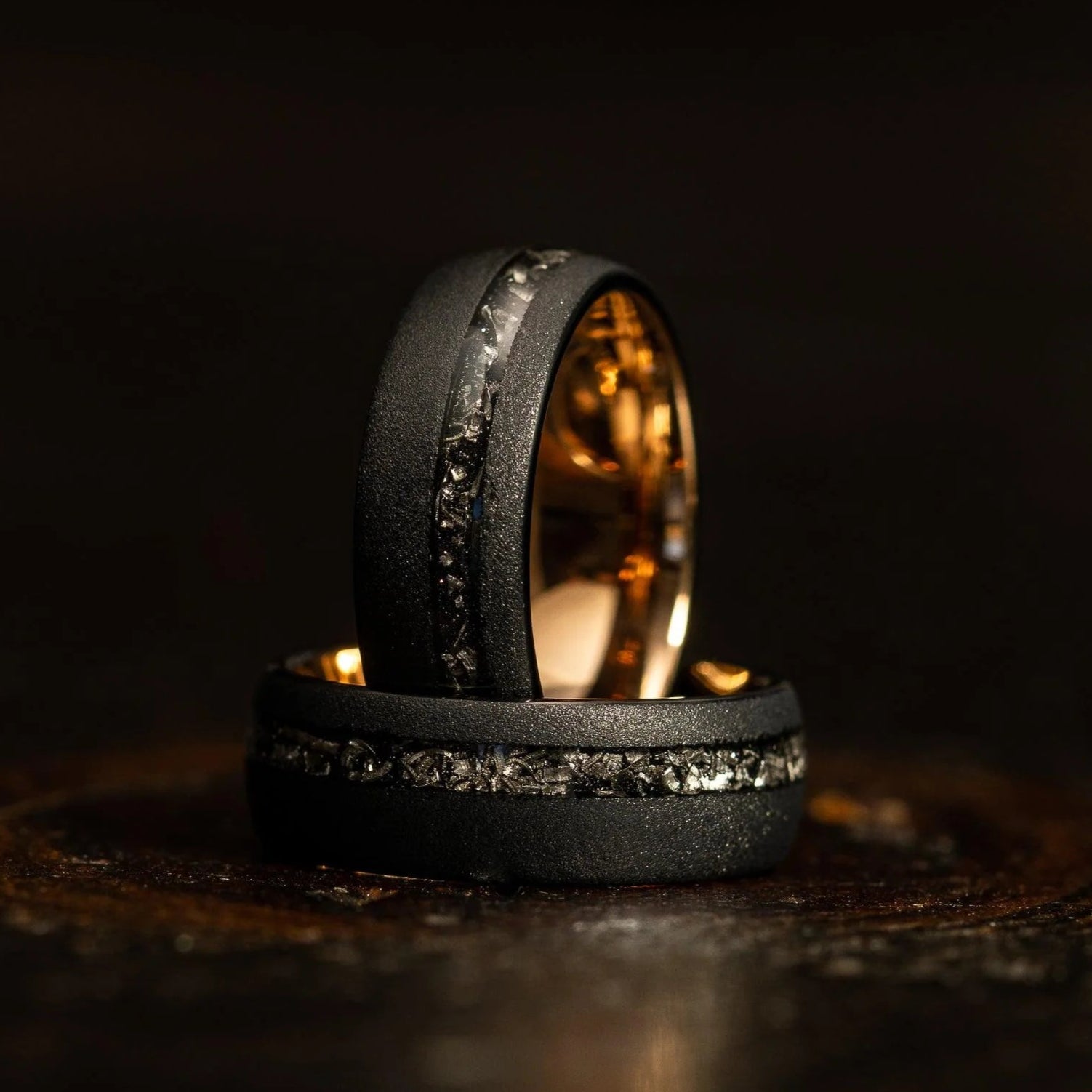 Schwarzer Meteoritenring mit Roségold 8mm, Verlobungsring, Eheringe, Trauringe, Ring