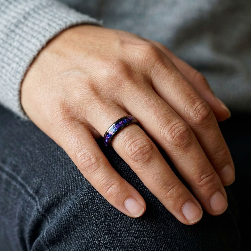Wolframring mit lila Opal – 4 mm