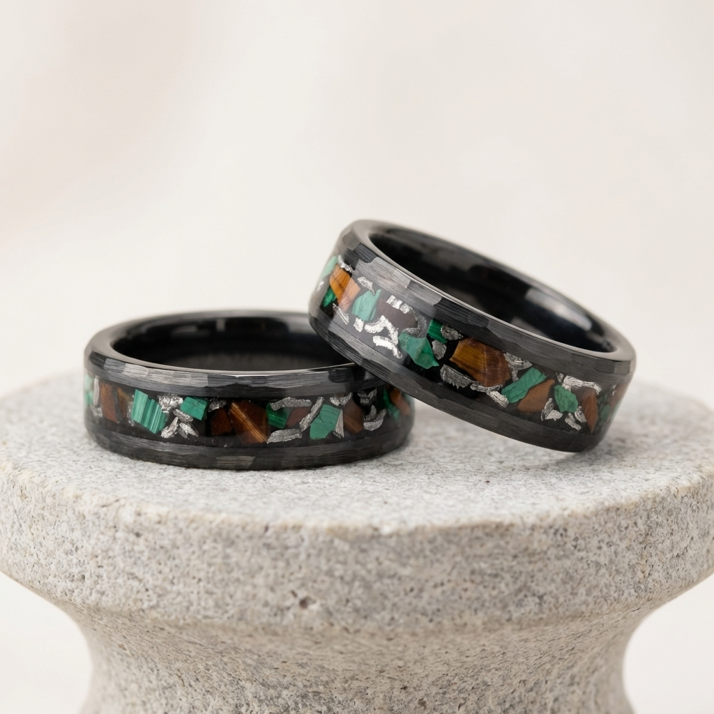 Edition Paulechner – Schwarzer Ring mit Meteor, Malachit & Dino Bone 8mm / 6mm