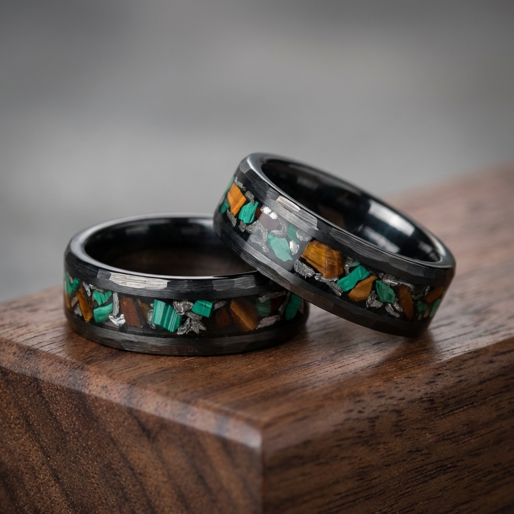 Edition Paulechner – Schwarzer Ring mit Meteor, Malachit & Dino Bone 8mm / 6mm