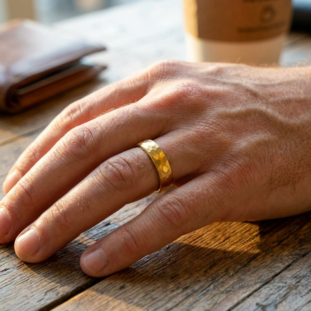Goldener gehämmerter Wolframring mit Gelbgold 6 mm