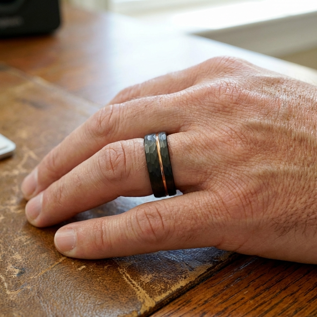 Hammerglanz - Schwarzer gehämmerter Ring mit Roségold 8mm