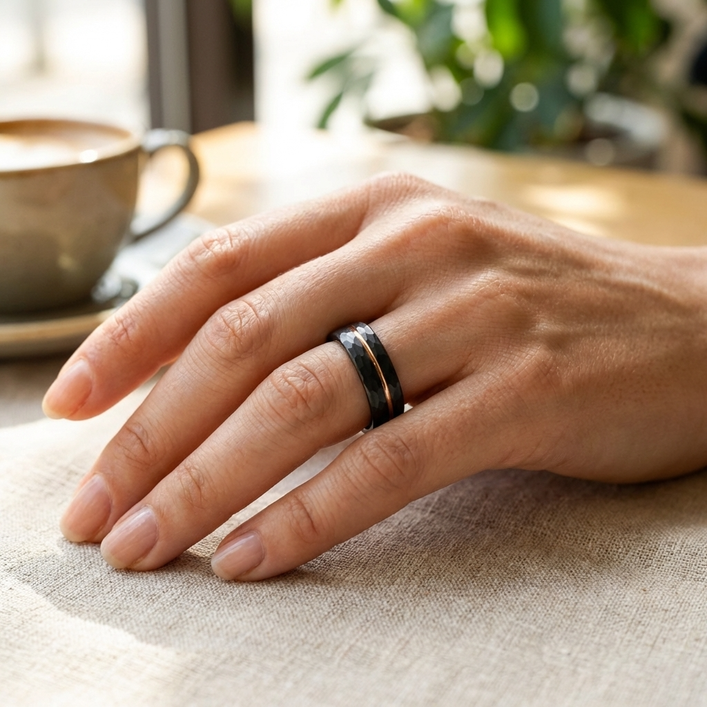 Hammerglanz - Schwarzer gehämmerter Ring mit Roségold 8mm