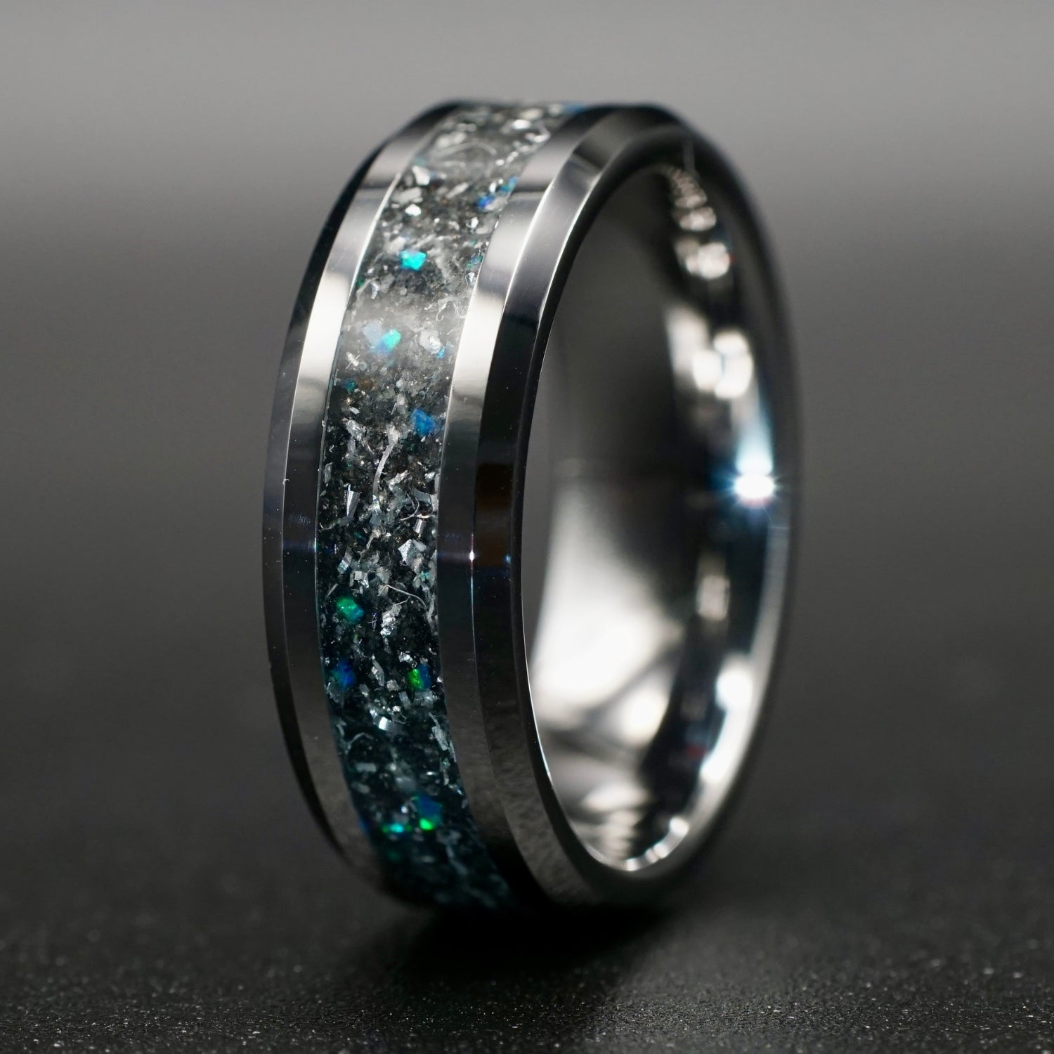 Meteoritenring, Herren-Ehering, Verlobungsring für Männer, leuchtend im Dunkeln, Wolframring, Sternenstaub-Mondstein, blauer Opal und Diamantring, 8 mm