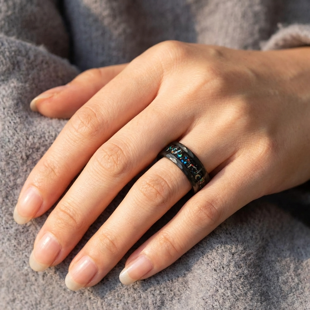 Schwarzer Meteoritenring mit Galaxie-Opal – 8 mm