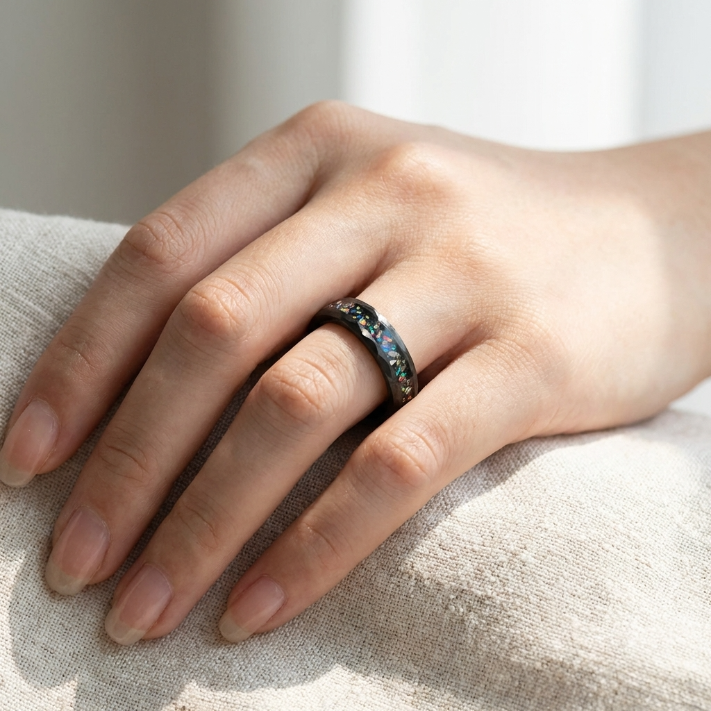 Schwarzer Meteoritenring mit Galaxie-Opal – 4 mm