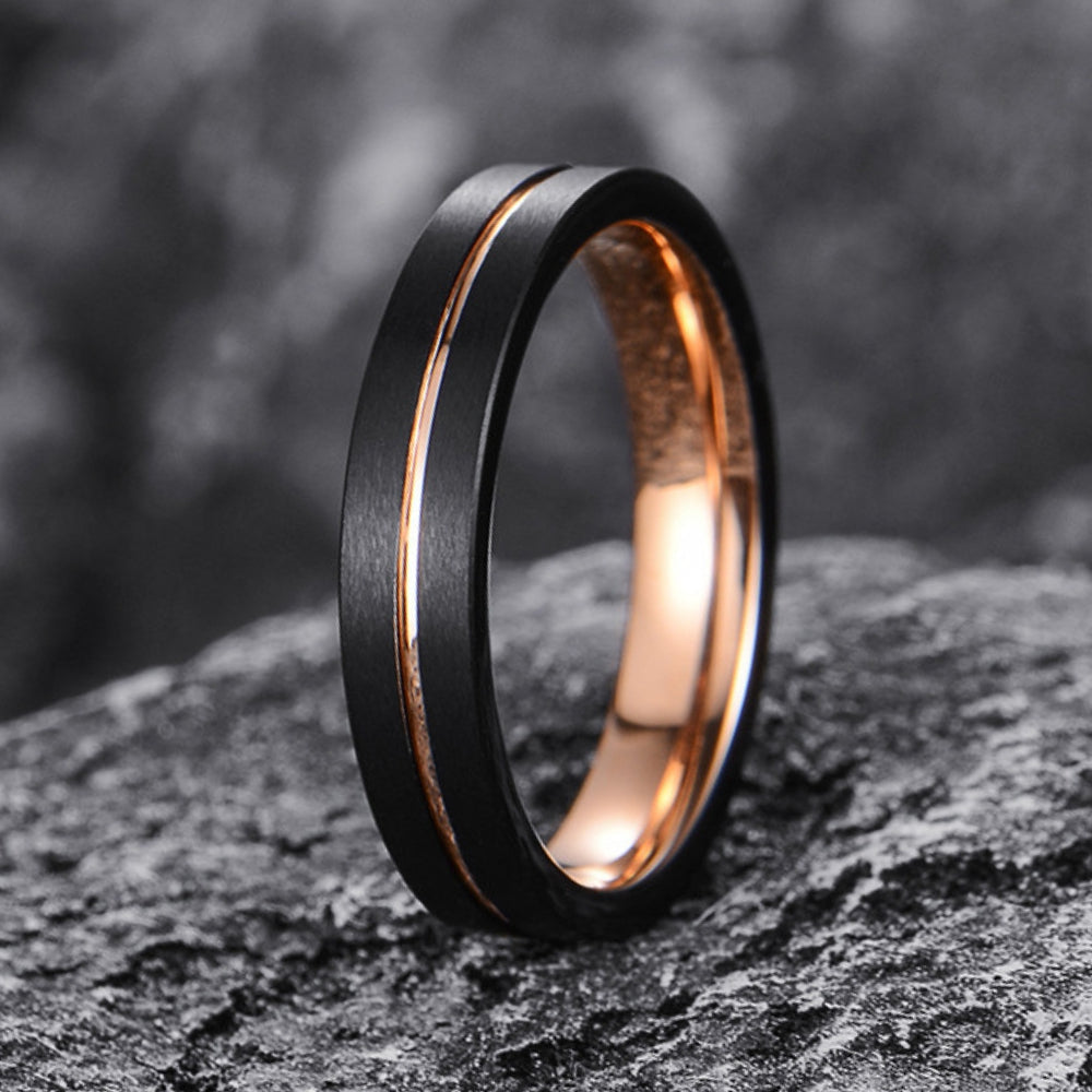 Nachtschimmer – Schwarzer Damenring mit Roségold 8mm, Verlobungsring Damen, Eheringe, Trauringe, Ring für Damen