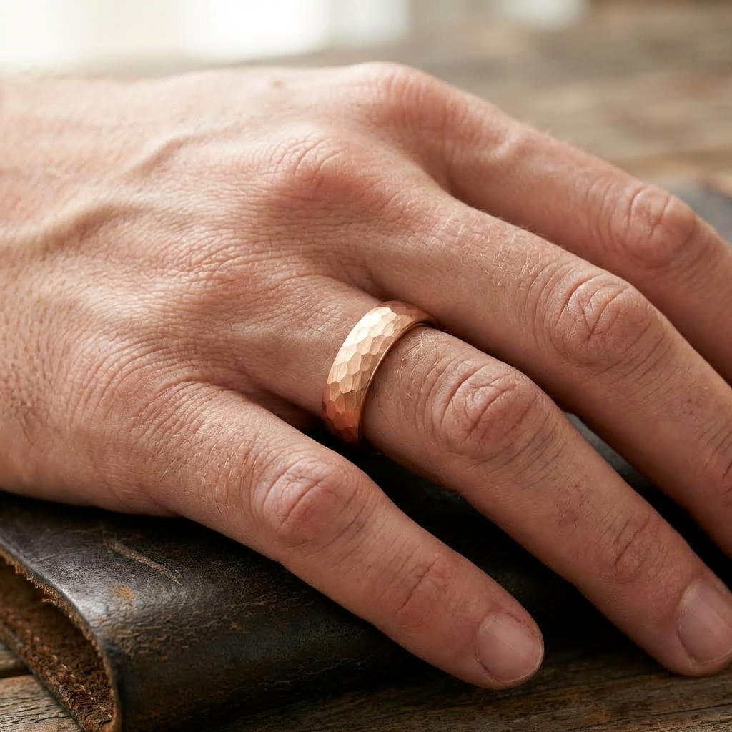 Goldener gehämmerter Wolframring mit Rosegold 6 mm