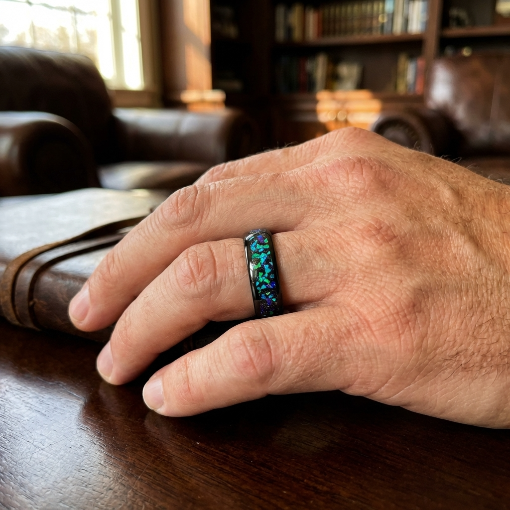 Wolframring mit blau-grünem Opal – 6 mm