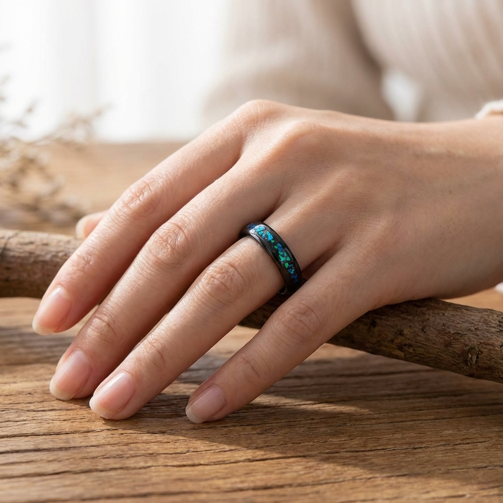 Wolframring mit blau-grünem Opal – 4 mm