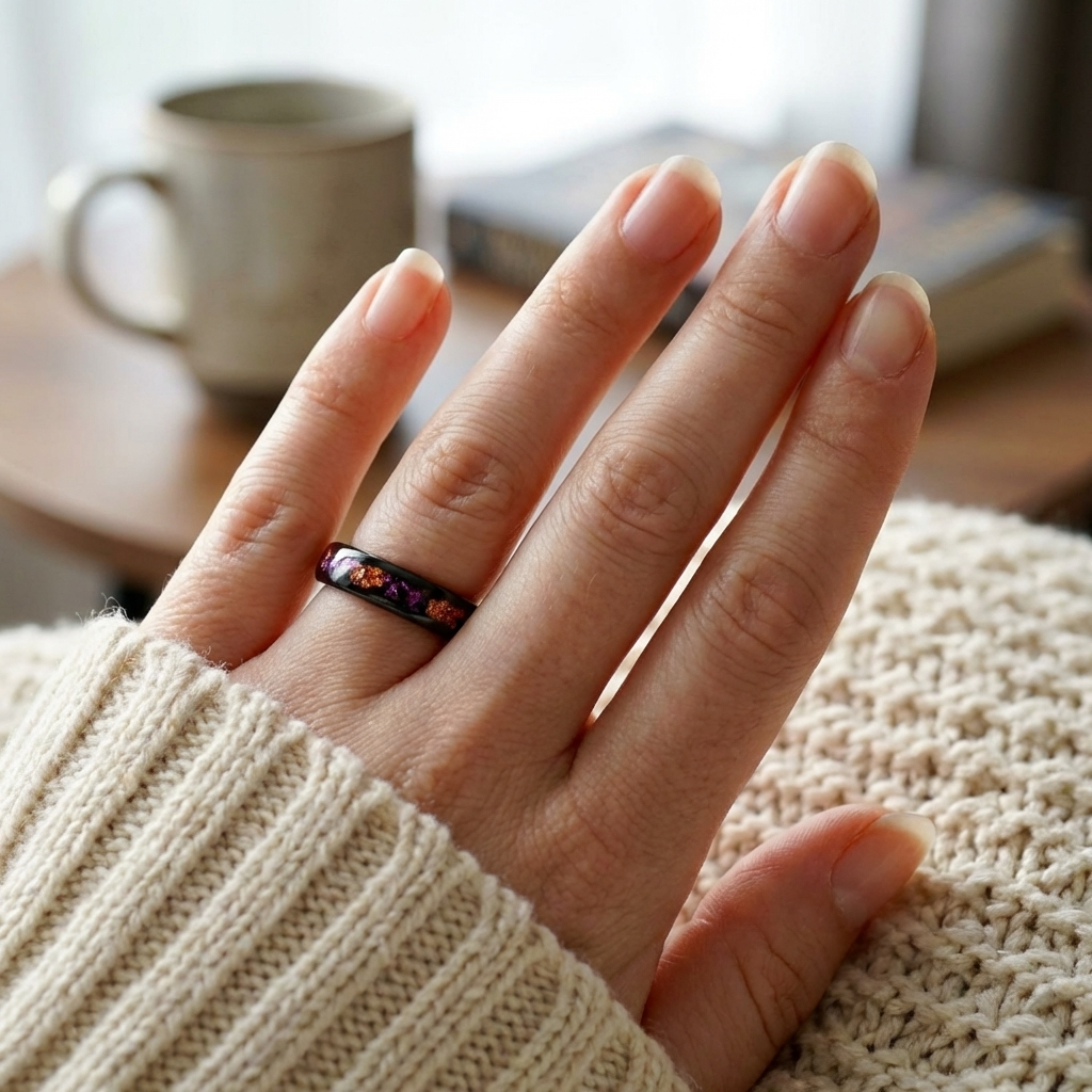 Wolframring mit lila Opal und Blattgold – 4 mm