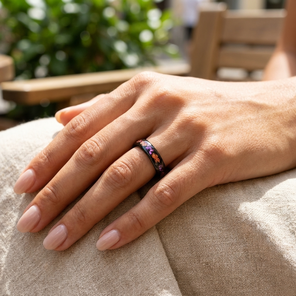 Wolframring mit lila Opal und Blattgold – 4 mm