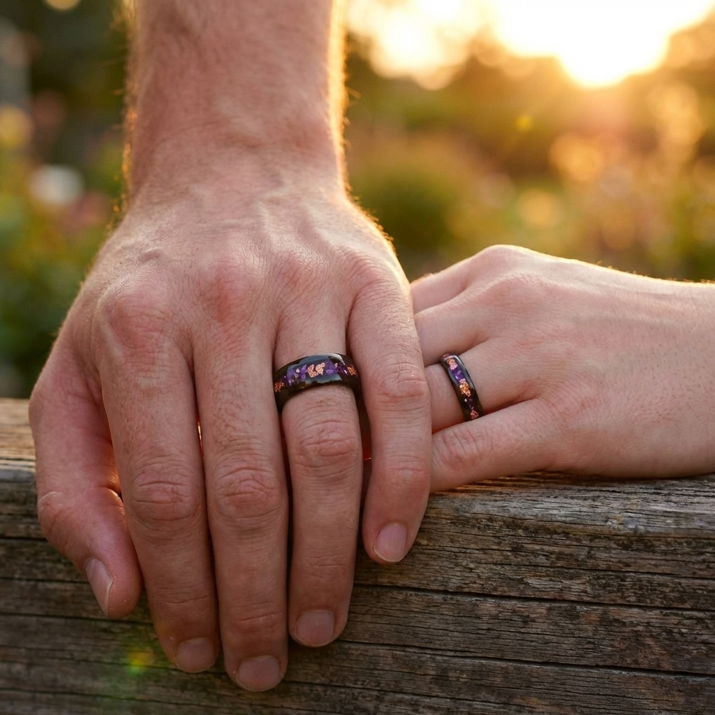 Wolframring mit lila Opal und Blattgold – 4 mm/8mm