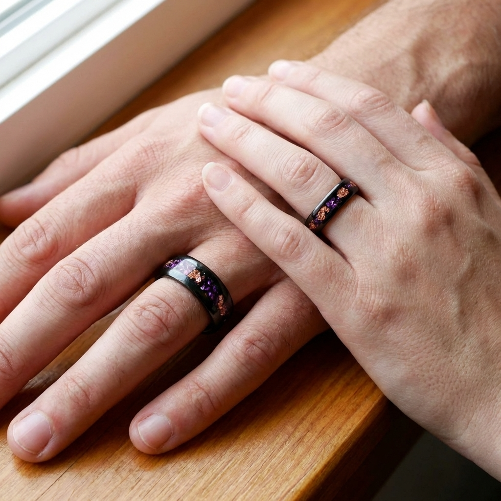 Wolframring mit lila Opal und Blattgold – 4 mm/8mm
