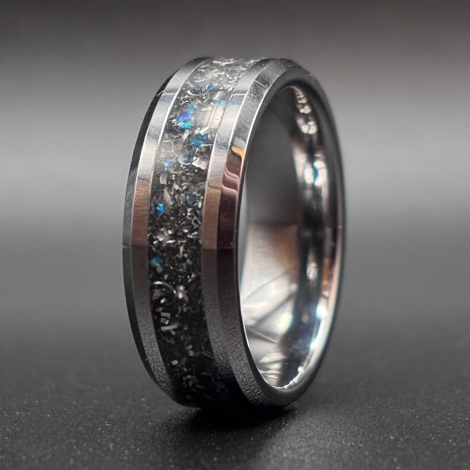 Meteoritenring, Herren-Ehering, Verlobungsring für Männer, leuchtend im Dunkeln, Wolframring, Sternenstaub-Mondstein, blauer Opal und Diamantring, 8 mm