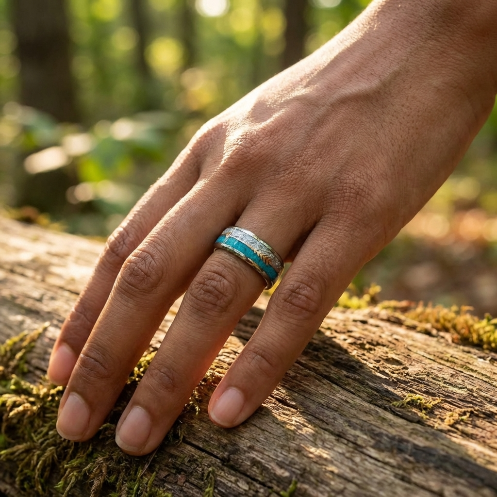 Silberner Wolframring mit Türkis und Roségold-Akzent 8 mm