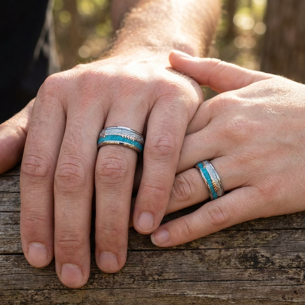 Silberner Wolframring mit Türkis und Roségold-Akzent 8 mm