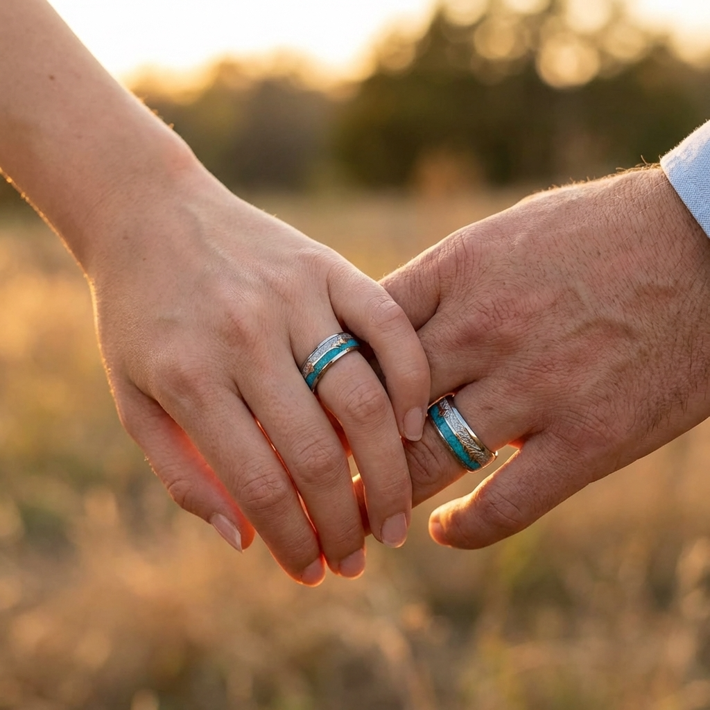 Silberner Wolframring mit Türkis und Roségold-Akzent 8 mm