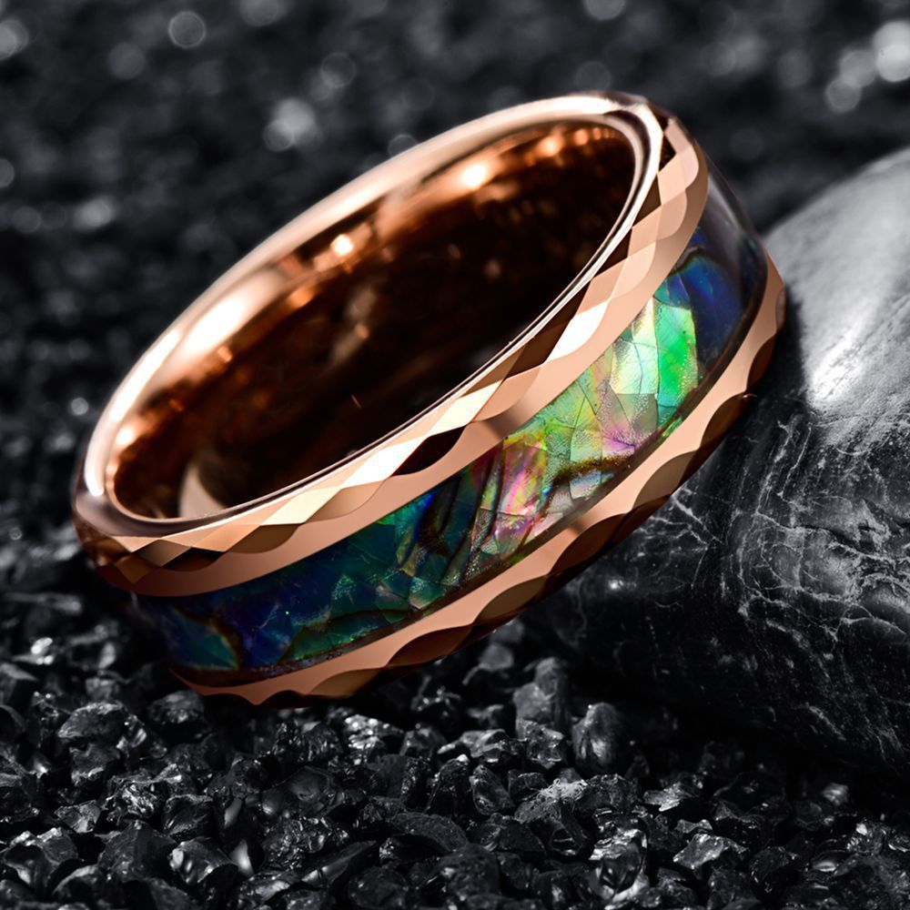 Herren-Wolframring mit Roségold-Inlay und Abalone-Perlmutt, 8 mm