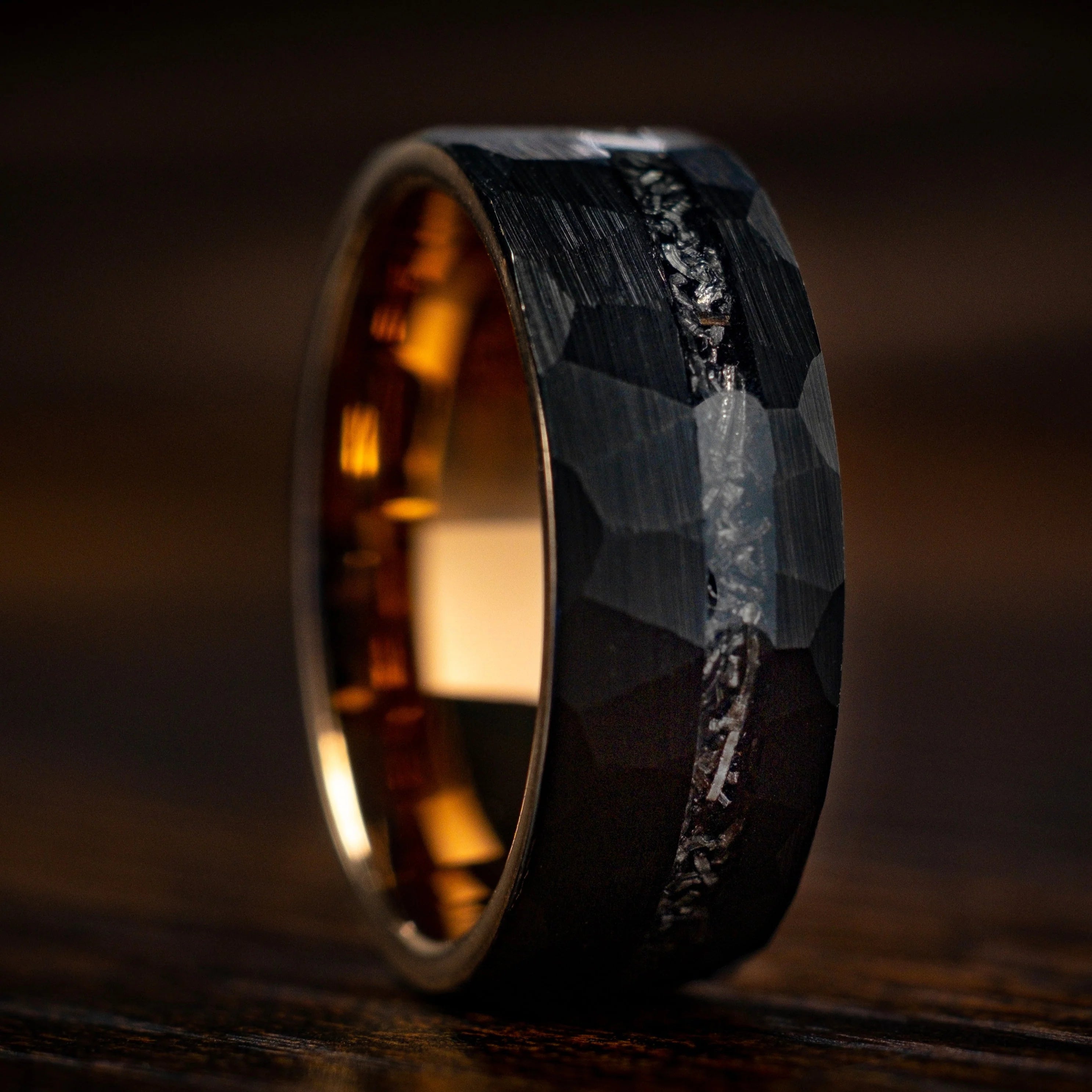 Black Hammered Meteorite Ring with Rose Gold 8mm - Stellar Forge Rings