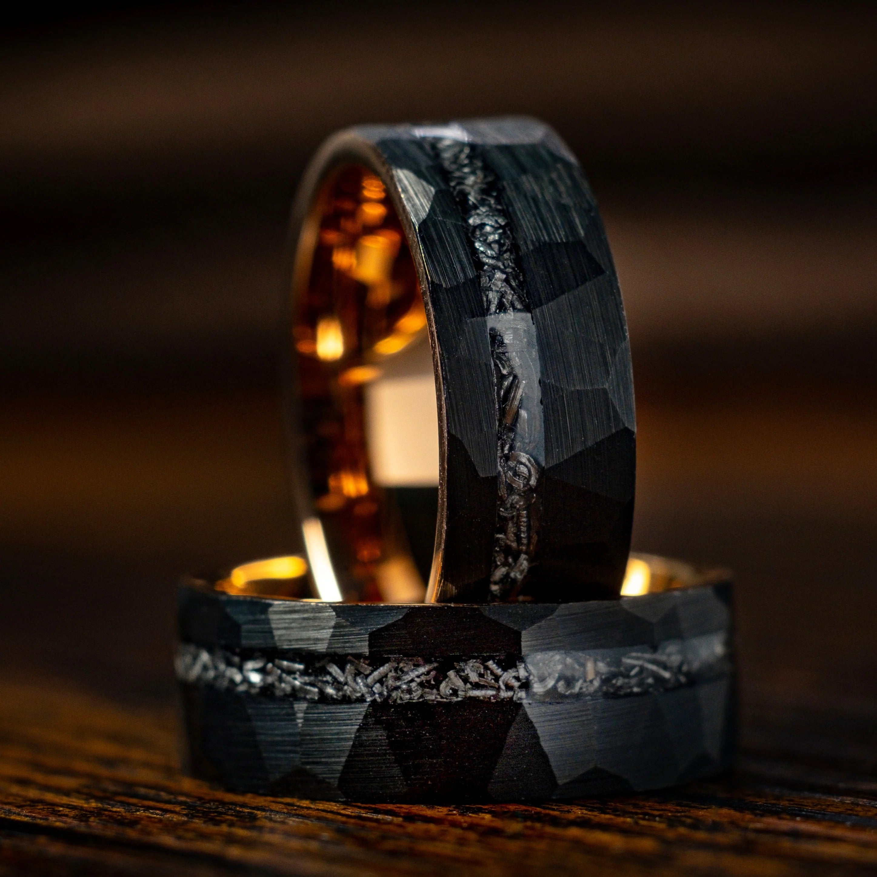 Black Hammered Meteorite Ring with Rose Gold 8mm - Stellar Forge Rings