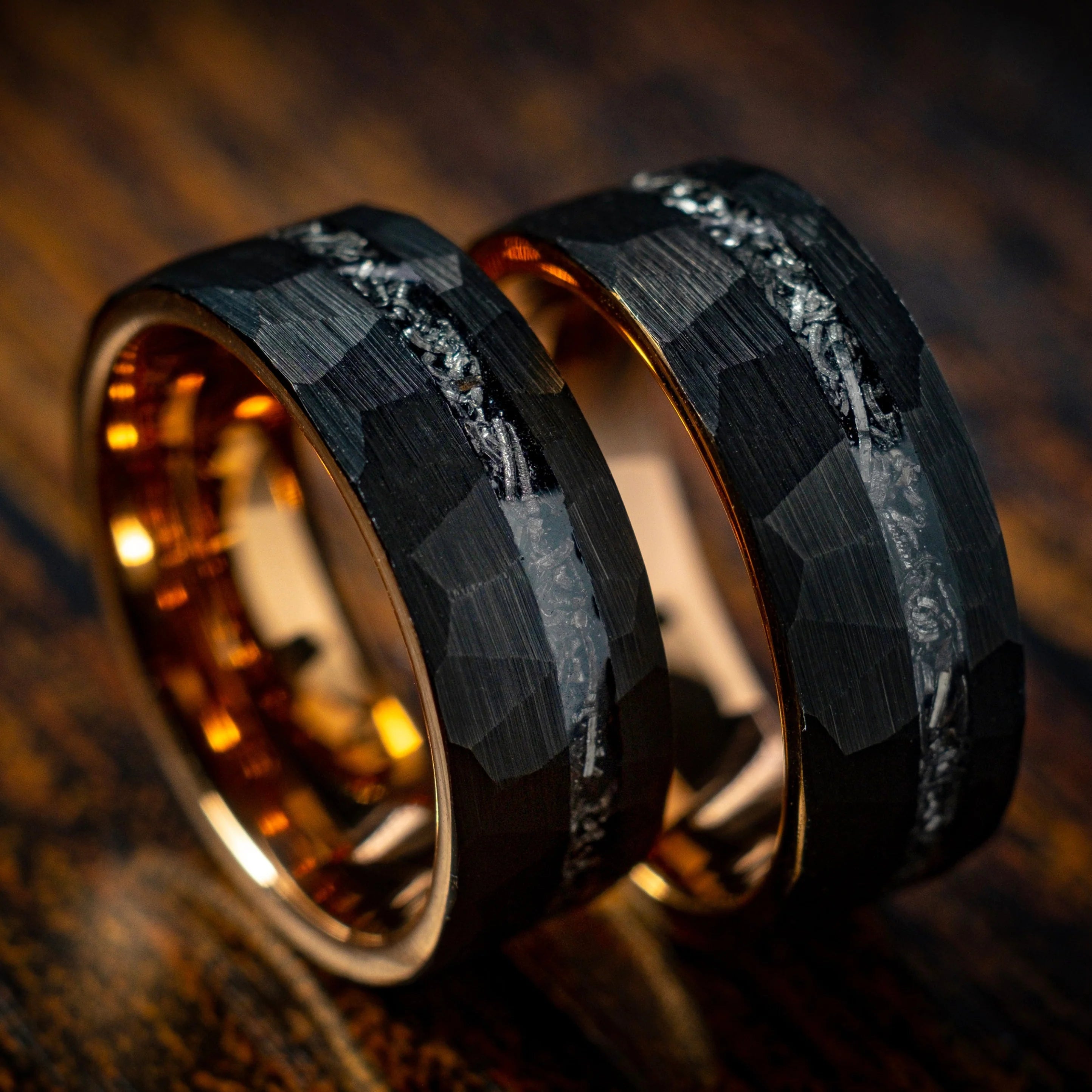 Black Hammered Meteorite Ring with Rose Gold 8mm - Stellar Forge Rings