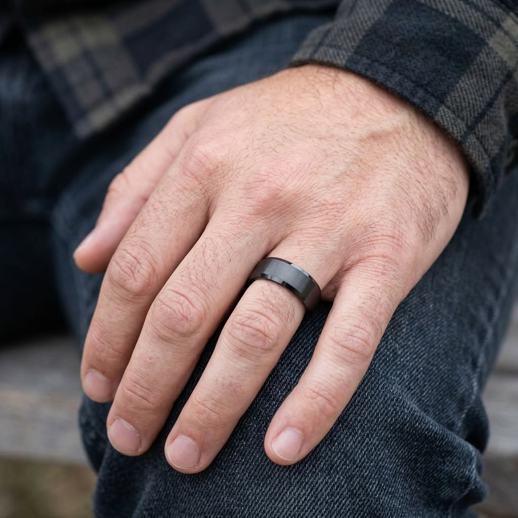 Schwarzer Wolframcarbid Ring mit mattierter Oberfläche und polierten Kanten – 8 mm