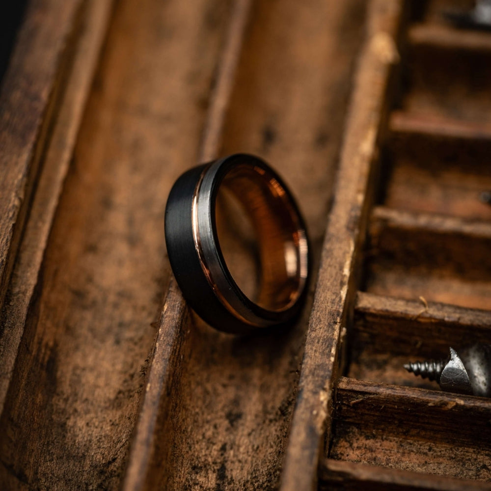 Black and Silver Wedding Ring with Rose Gold - Stellar Forge Rings