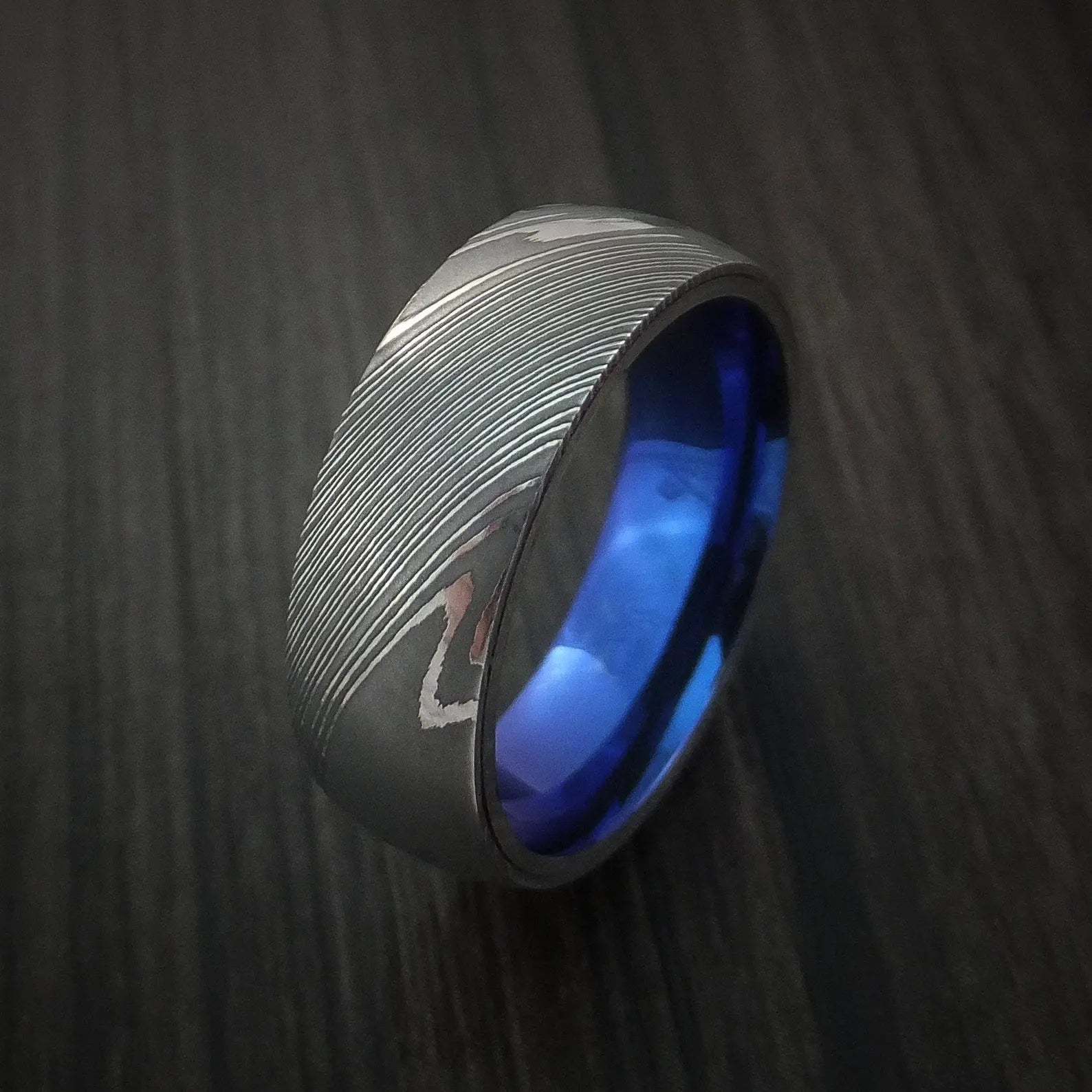 Custom Damascus Steel Ring with Anodized Titanium Liner 8mm - Stellar Forge Rings